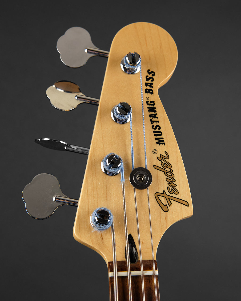 2022 Fender Player Mustang Bass PJ Firemist Gold - headstock front | Replay Guitars