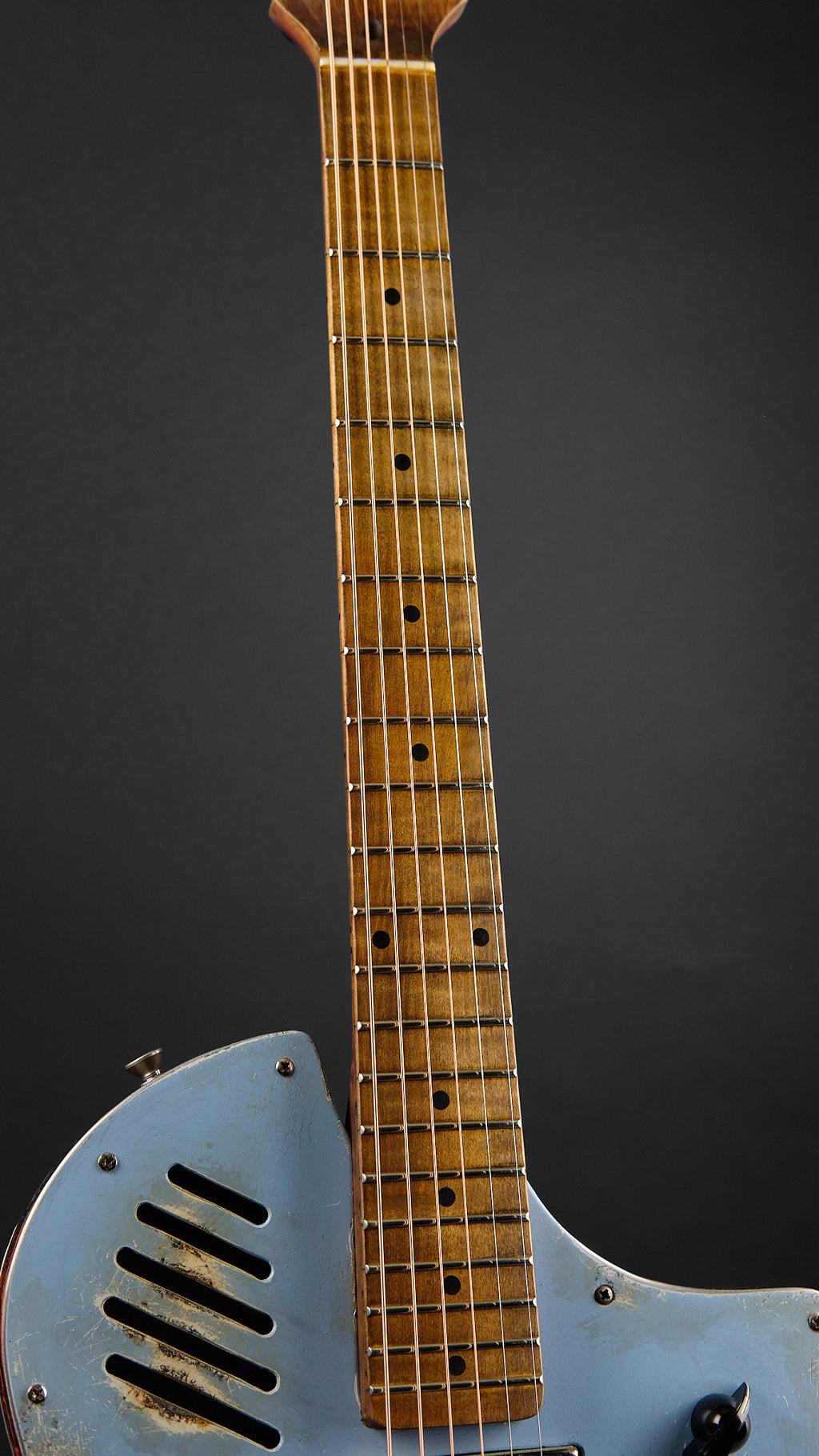 Sea Patrol Custom Guitars SP-38/57 Cutaway Resonator Aged Blue/Orange Crackle - neck front | Replay Guitars